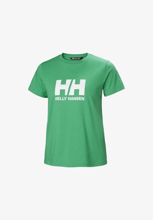 Zelené bavlněné tričko s bílým potiskem loga "HH" a "Helly Hansen." Krátké rukávy a klasický kulatý výstřih.