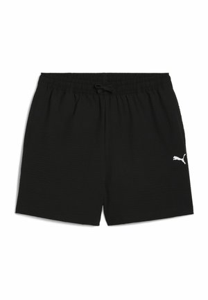 Shorts noirs avec une taille élastique, un cordon de serrage et une surface texturée. Avec un logo Puma blanc sur le bas à gauche.
