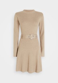 Robe beige tricotée à manches longues, col montant, jupe évasée et taille ceinturée avec une boucle métallique circulaire. Texture lisse.