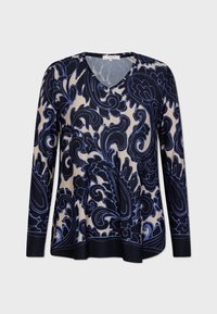 Blusa a maniche lunghe con scollatura a V, motivo floreale paisley blu navy, e tessuto morbido e leggero con una vestibilità comoda.