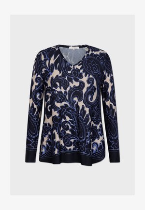 Blusa de manga larga con escote en forma de V, patrón de paisley floral en azul marino y tejido suave y ligero con un corte relajado.