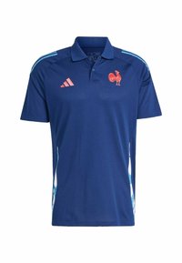 Navyblaue Poloshirt aus atmungsaktivem Material, mit pinken Akzenten, gesticktem Hahn-Logo und hellblauem gestreiften Schulterdetail.