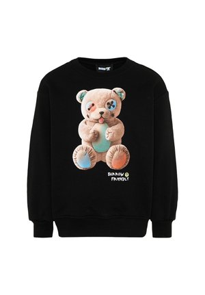 Felpa nera con un orsetto di peluche con occhi e zampe di bottoni blu e arancioni disgiunti, lingua fuori, con la scritta "Barrow Friendly".