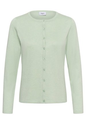 Hele-roheline pika varrukaga kardigan ümara kaelusega, ees nööpidega sulgur ja krae sees Sainti kaubamärgiga silt.