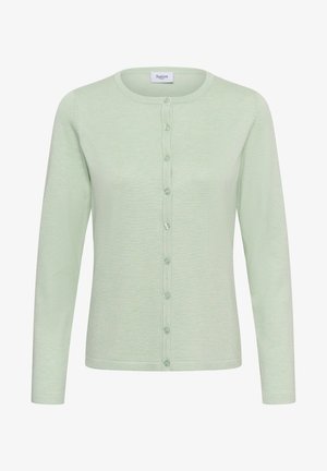 Lysegrøn cardigan med lange ærmer, rund halsudskæring, knapper foran og et Saint-mærke indeni kraven.