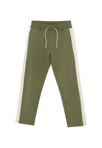 Olivgröna sweatpants med vita sidostripes, elastisk midja med dragsko, två framfickor och en mjuk textur.