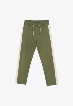 Olivengrønne sweatsbukser med hvide sidelister, elastisk talje med snøre, to frontlommer og en blød tekstur.