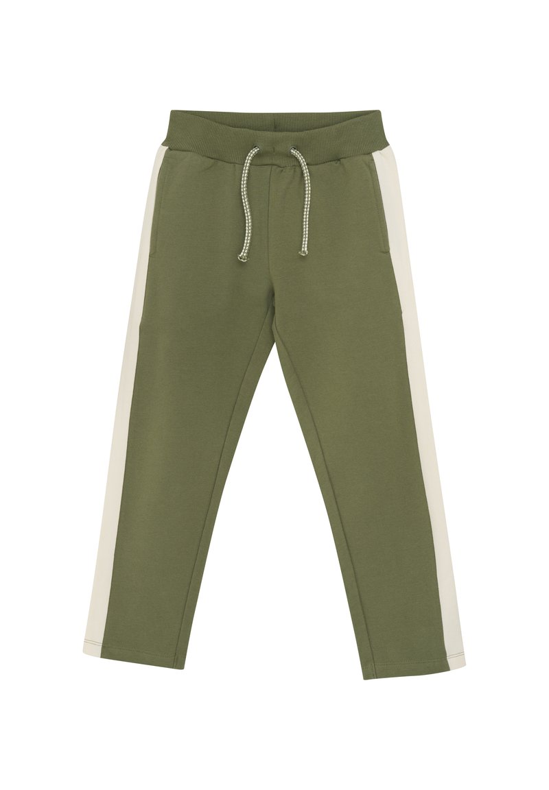 Olivgröna sweatpants med vita sidostripes, elastisk midja med dragsko, två framfickor och en mjuk textur.