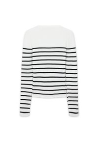 Weißer gerippter Pullover mit schwarzen horizontalen Streifen, ausgestattet mit langen Ärmeln und einem Rundhalsausschnitt, präsentiert ein körpernahes Design.