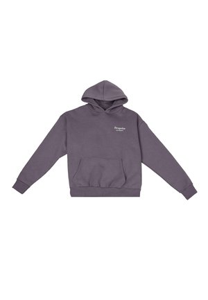 Sweatshirt à capuche gris avec une poche avant, des poignets et un ourlet côtelés. Présente le texte blanc "Dropsize" sur le côté gauche de la poitrine.