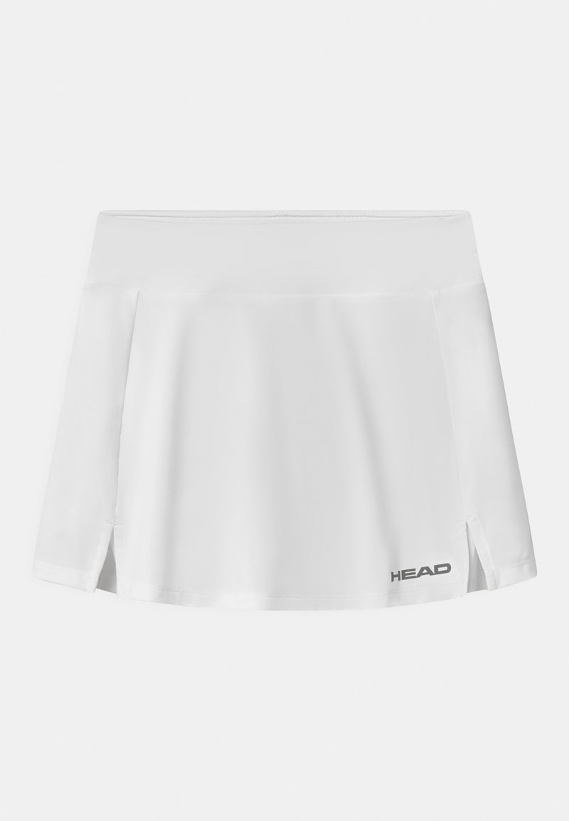 Fustă de tenis albă cu un design plisat, fabricată dintr-un material neted. Prezintă o mică fante pe lateral și un logo gri "HEAD" în față.