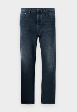 Jeans en denim bleu marine avec une coupe droite, dotés d'un design classique à cinq poches, fermeture à bouton et zones légèrement usées sur les jambes.