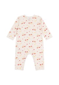 Hvit bomulls baby romper med lange ermer, med et fantasifullt mønster av hunder i røde kapper og stjerner i røde og gule nyanser.