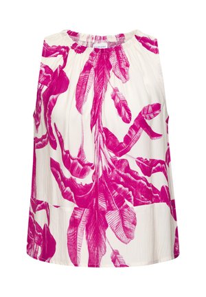Mouwloze witte blouse met elastische halslijn, voorzien van een gedurfd roze tropisch bladpatroon.