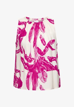 Blusa bianca senza maniche con scollo elastico, caratterizzata da un audace motivo di foglie tropicali rosa.