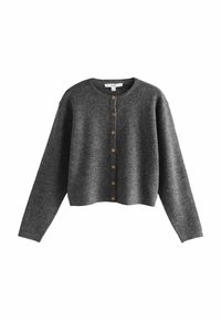 Cardigan scurt de un gri închis, fabricat dintr-un material moale, având un guler rotund, mâneci lungi și nasturi din lemn pe față.