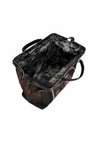 Borsa a spalla rettangolare con un'esterno marrone texturizzato. Foderata con un interno nero con motivi di rose. Manici neri su entrambi i lati.