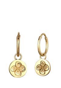 Guldøreringe har en cirkulær charms med et præget blomsterdesign. Overfladen er glat med en poleret finish.