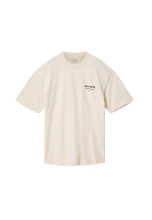 Kremfarvet kortærmet bomuld T-shirt med rund hals og lille sort "ALLSAINTS" logo på venstre bryst.