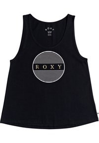Zwarte tanktop gemaakt van zacht katoen, met een witte ronde afbeelding met horizontale lijnen en het woord "ROXY" in gouden letters.