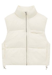 Gepolsterte ärmellose Weste in hellem Creme, mit hohem Kragen, Frontreißverschluss und einer Brusttasche mit Klappe. Strukturierter Stofffinish.