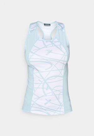 Top desportivo azul claro com uma base branca, apresentando um padrão em espiral, painéis em malha e um design de costas em formato de corredor.