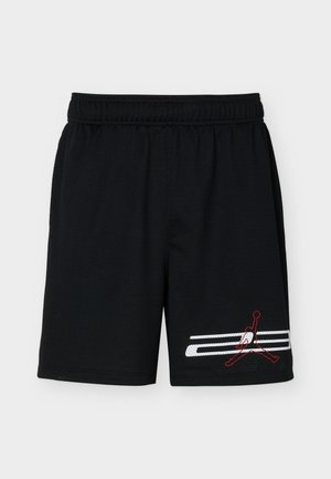 Zwarte sportshorts met elastische tailleband, meshstof en witte strepen met een rood silhouet basketballogo op het onderste rechterbeen.