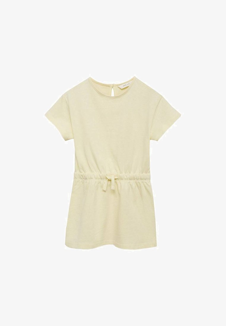 Yellow short-sleeve dress with a round neckline, drawstring waist, and a back keyhole detail, made from soft, lightweight fabric.