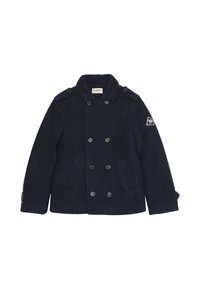 Cappotto peacoat in lana blu navy con chiusura a doppio petto, spalline e tasche laterali. Presenta una patch con logo sulla manica sinistra.