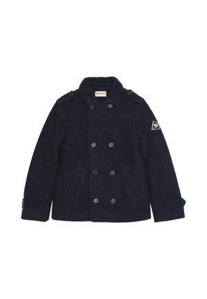 Cappotto peacoat in lana blu navy con chiusura a doppio petto, spalline e tasche laterali. Presenta una patch con logo sulla manica sinistra.