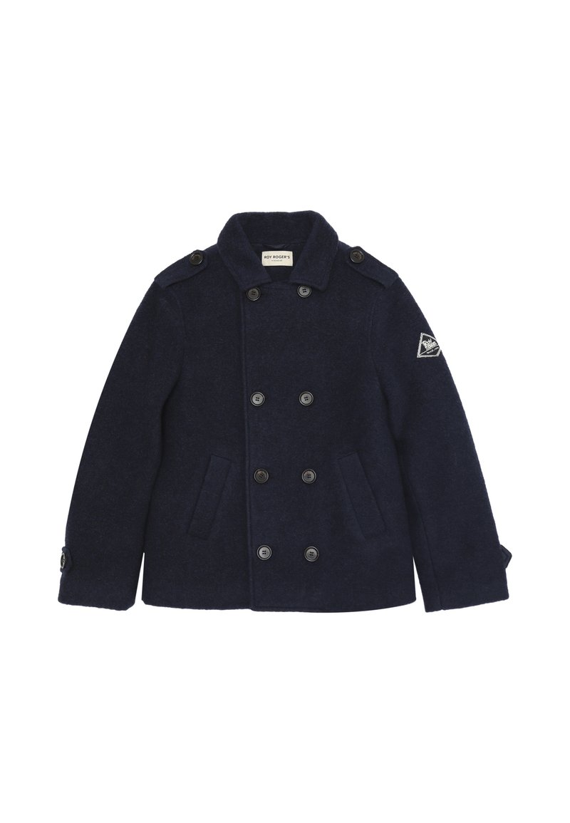 Cappotto peacoat in lana blu navy con chiusura a doppio petto, spalline e tasche laterali. Presenta una patch con logo sulla manica sinistra.