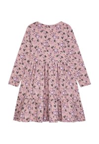 Rosa Langarmkleid mit floralem Druck in Lila und Schwarz, mit einem gestuften Rock und einem Rundhalsausschnitt.