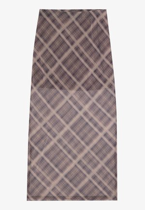 A knee-length skirt featuring a sheer, lightweight fabric with a plaid pattern in shades of brown and cream, smooth texture, and clean edges.