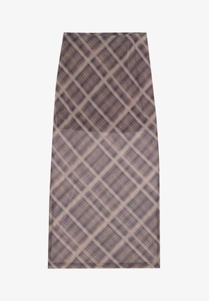 Et knelangt skjørt laget av et gjennomsiktig, lett stoff med rutemønster i nyanser av brunt og krem, glattes overflate og rene kanter.