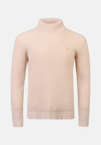 Wafelgebreide, lichtroze coltrui met lange mouwen en geribbelde manchetten. Heeft een klein, geborduurd gouden logo op de borst.