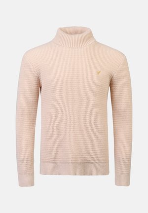 Suéter de cuello alto de punto waffle en color rosa pálido, con mangas largas y puños acanalados. Presenta un pequeño logo dorado bordado en el pecho.