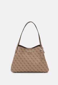 Brun mönstrad handväska med en slät textur, som har dragkedjestängning och en avtagbar tagg. Försedd med en triangel-logotyp på framsidan.