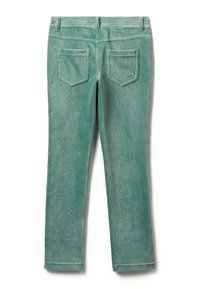 Zelené kordové kalhoty se rovnými nohavicemi, které mají dvě zadní kapsy a jemnou texturu, vystavené tak, aby byla vidět zadní strana.