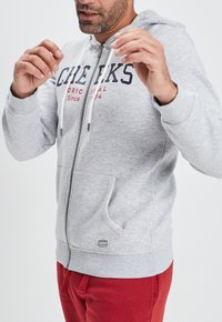 Sudadera de cremallera en gris claro con cordones, bolsillos frontales y texto impreso en rojo. Textura suave, con puños y dobladillo acanalados.