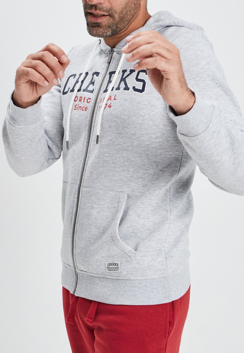 Sudadera de cremallera en gris claro con cordones, bolsillos frontales y texto impreso en rojo. Textura suave, con puños y dobladillo acanalados.