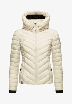 Lichtgekleurde pufferjack met chevronstiksels, ritssluiting en afneembare capuchon. Voorzien van zijzakken en geribbelde manchetten voor extra comfort.