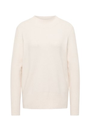 Kremowy sweter z dzianiny z prążkowanym, okrągłym dekoltem i prążkowanymi mankietami. Prosty fason i miękka struktura, odpowiedni do nakładania warstw.