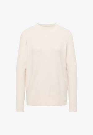 Kremowy sweter z dzianiny z prążkowanym, okrągłym dekoltem i prążkowanymi mankietami. Prosty fason i miękka struktura, odpowiedni do nakładania warstw.