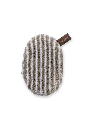 Oval gray and white striped microfiber cleaning pad with a fabric loop labeled "waschies" on a white background.