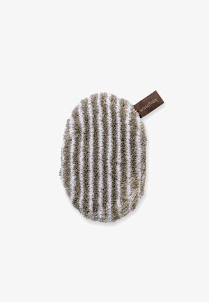 Oval gray and white striped microfiber cleaning pad with a fabric loop labeled "waschies" on a white background.