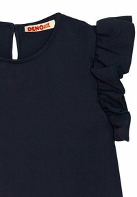 Marineblaues Kleid mit gerafften kurzen Ärmeln, rundem Ausschnitt und einem Ausschnitt im Rücken. Hergestellt aus leichtem Stoff mit einer glatten Textur.