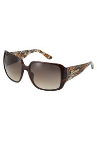 Store firkantede solbriller med tortoise shell-ramme og gradientlinser. Brun og gull dyreprint på buene, med "Guess"-logo.