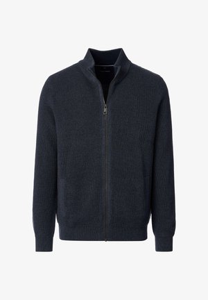 Dark navy blue full-zip knit cardigan with stand collar, long sleeves, and ribbed cuffs and hem.