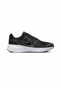 Chaussure de course noire et blanche avec tige en mesh, semelle blanche, lacets noirs et logo Nike Swoosh sur le côté.
