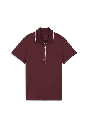 Burgundy pikétröja i slät tyg, med ribbade kragar i vitt och treknappsstängning. Korta ärmar.